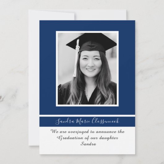 Moderne Eenvoudige Minimale Blauwe Witte Afstudeer Aankondiging (Achterkant)