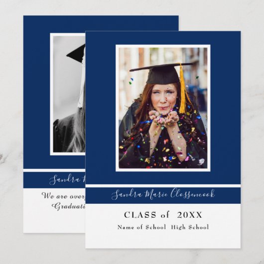 Moderne Eenvoudige Minimale Blauwe Witte Afstudeer Aankondiging (Voorkant / Achterkant)