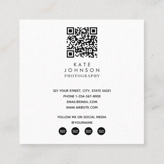 Moderne Eenvoudige minimale foto-QR-code Sociale m Vierkante Visitekaartje (Achterkant)