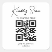 Moderne eenvoudige minimale QR-code bruiloft menu Vierkante Sticker (Voorkant)