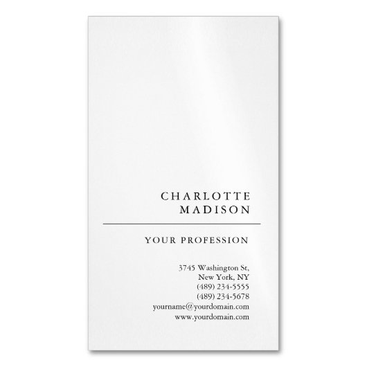 Moderne, eenvoudige, minimale, witte tapijtvlek magnetisch visitekaartje (Voorkant Verticaal)