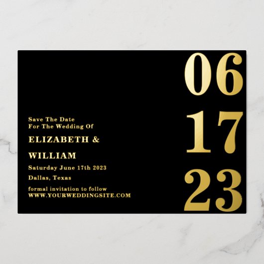 Moderne, eenvoudige minimale zwarte & goudbesparin folie uitnodiging (Voorkant)