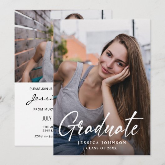 Moderne Eenvoudige minimalistische 2 FOTO-graduati Kaart (Voorkant / Achterkant)