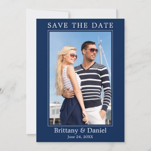 Moderne eenvoudige minimalistische foto Navy Blue Save The Date (Voorkant)