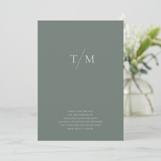 Moderne Eenvoudige Monogram Moss Groene Mix & Matc Save The Date (Staand voorkant)