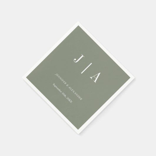 Moderne Eenvoudige Monogram Sage Groen Wit Trouwen Servet (Hoek)