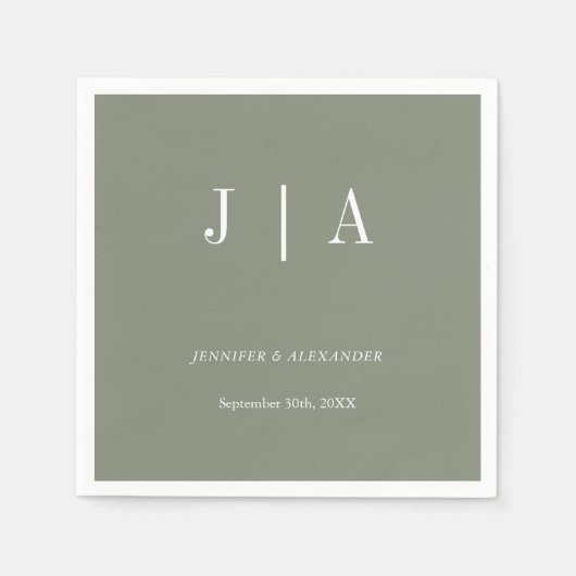 Moderne Eenvoudige Monogram Sage Groene Witte Brui Servet (Voorkant)