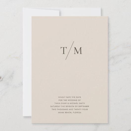 Moderne eenvoudige monogram Zandcombinatie en paar Save The Date (Voorkant)