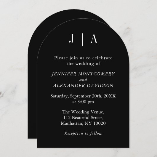 Moderne eenvoudige monogram zwart-witbruiloft kaart (Voorkant / Achterkant)