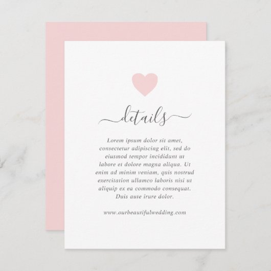 Moderne Eenvoudige Mooie Roze Hart Details Trouw Informatiekaartje (Voorkant / Achterkant)