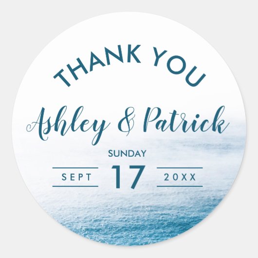 Moderne eenvoudige oceaan zee bruiloft dank u ronde sticker (Voorkant)