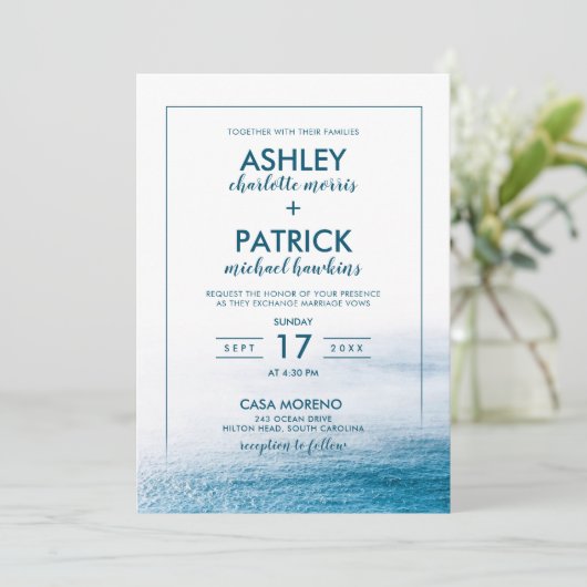 Moderne eenvoudige Ocean Beach Seaside bruiloft Kaart (Staand voorkant)