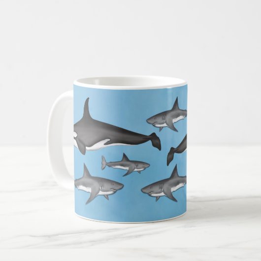 Moderne Eenvoudige Ocean Orcas en Sharks Cute Koffiemok (Voorkant links)