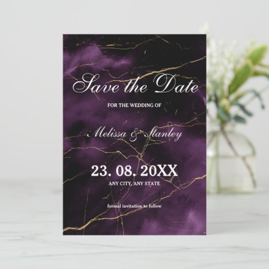 Moderne, eenvoudige Paarse gouden bruiloft Save The Date (Staand voorkant)