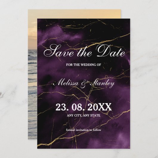 Moderne, eenvoudige Paarse gouden bruiloft Save The Date (Voorkant / Achterkant)