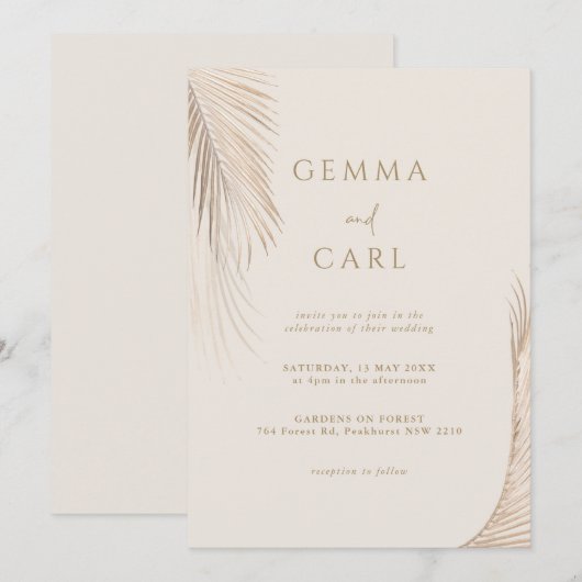 Moderne Eenvoudige Palm Bladeren Huwelijksuitnodig Kaart (Voorkant / Achterkant)