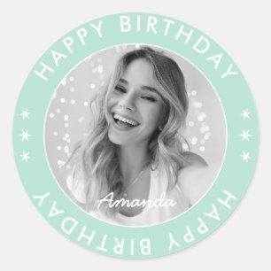 Moderne Eenvoudige Pastel Aqua Happy Birthday Foto Ronde Sticker