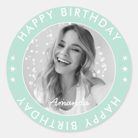 Moderne Eenvoudige Pastel Aqua Happy Birthday Foto Ronde Sticker (Voorkant)