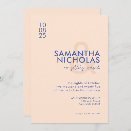 Moderne eenvoudige perzik blauwe bruiloft kaart (Voorkant / Achterkant)