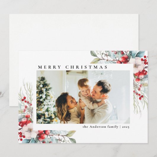 Moderne eenvoudige rode bessen | Foto van Kerstmis Feestdagenkaart (Voorkant / Achterkant)