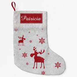 Moderne, eenvoudige rode, losse sneeuwvlokken kleine kerstsok