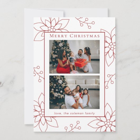Moderne Eenvoudige Rode Poinsettia Twee Foto Feestdagenkaart (Voorkant)