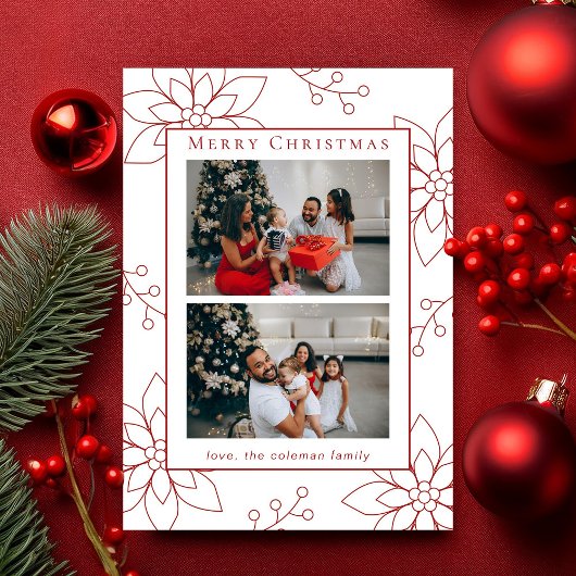 Moderne Eenvoudige Rode Poinsettia Twee Foto Feestdagenkaart