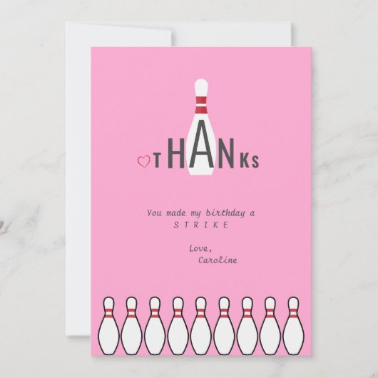 Moderne Eenvoudige Roze Bowling Verjaardagsfeestje Bedankkaart (Voorkant)