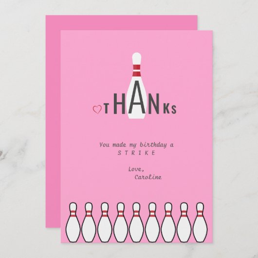 Moderne Eenvoudige Roze Bowling Verjaardagsfeestje Bedankkaart (Voorkant / Achterkant)