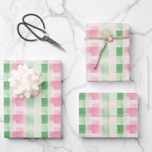 Moderne Eenvoudige Roze en Groene Waterverf Plaid Inpakpapier Vel (Voorkant)