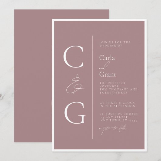 Moderne eenvoudige, roze, grote monogram bruiloft kaart (Voorkant / Achterkant)