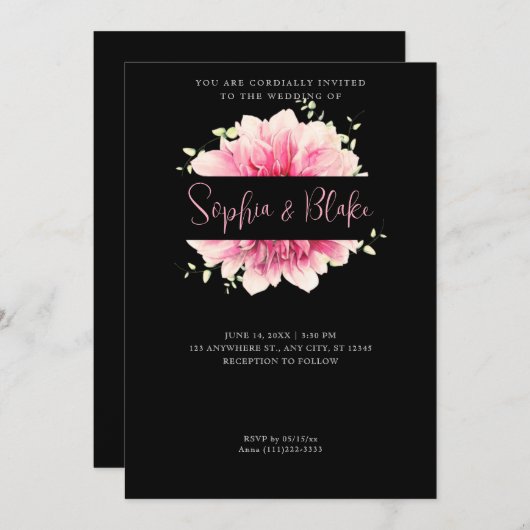 Moderne eenvoudige roze, platte zwarte bruiloft kaart (Voorkant / Achterkant)