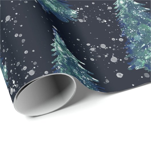 Moderne Eenvoudige Rustic Snowy Night-kerstbomen Cadeaupapier (Rol Hoek)