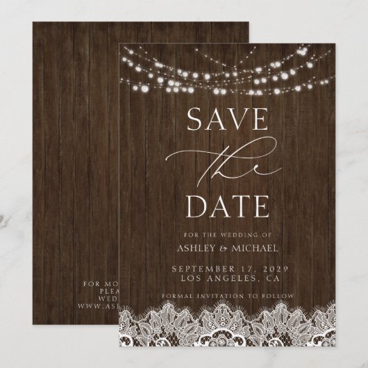 Moderne eenvoudige Rustic Twinkle Lights Wedding Save The Date (Voorkant / Achterkant)