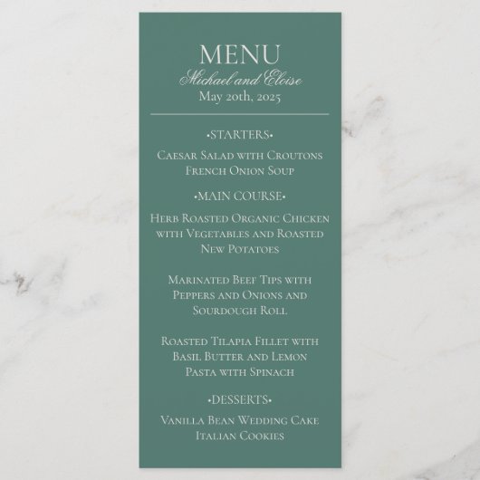 Moderne Eenvoudige Sage Green Elegant Trouwdiner Menu (Voorkant)