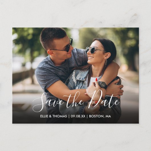 Moderne Eenvoudige Save the Date Script Foto Briefkaart (Voorkant)