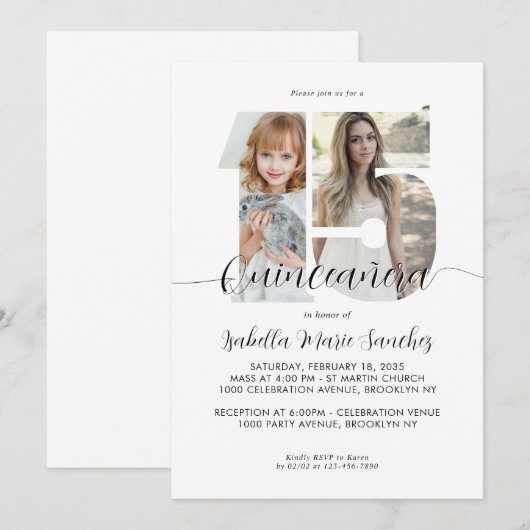 Moderne Eenvoudige Script 15 Quinceanera Foto Verj Kaart (Voorkant / Achterkant)