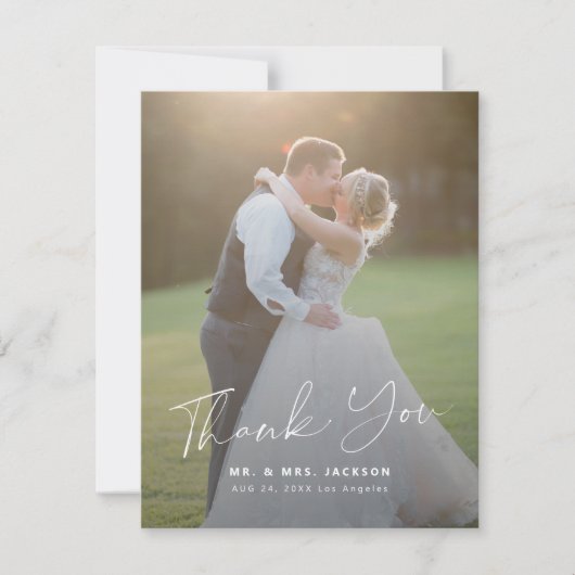 Moderne eenvoudige script 2 foto's bruiloft bedank bedankkaart (Voorkant)
