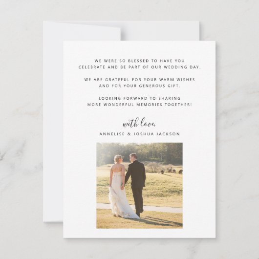 Moderne eenvoudige script 2 foto's bruiloft bedank bedankkaart (Achterkant)