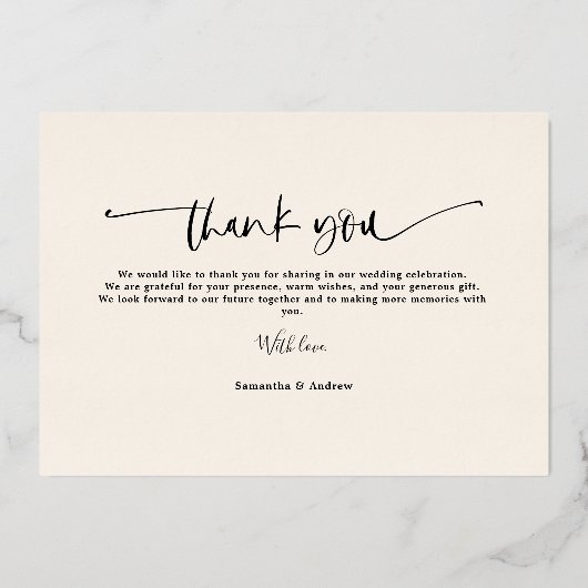 Moderne eenvoudige script 5 foto's bedanken je bru folie uitnodiging (Achterkant)