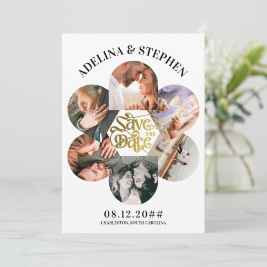 Moderne Eenvoudige Script 6 Foto QR CODE Bewaar de Save The Date (Staand voorkant)