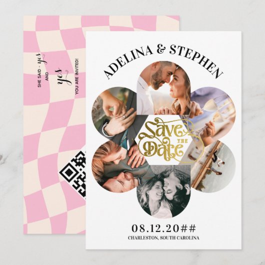 Moderne Eenvoudige Script 6 Foto QR CODE Bewaar de Save The Date (Voorkant / Achterkant)