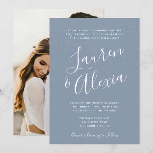 Moderne eenvoudige script-calligrafie foto bruilof kaart (Voorkant / Achterkant)