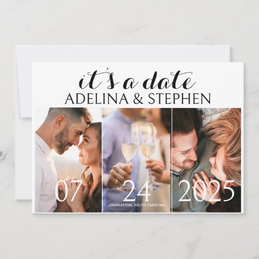 Moderne Eenvoudige Script Drie Foto's Galerij QR C Save The Date (Voorkant)