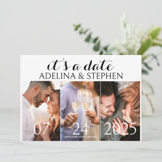 Moderne Eenvoudige Script Drie Foto's Galerij QR C Save The Date (Staand voorkant)