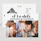 Moderne Eenvoudige Script Drie Foto's Galerij QR C Save The Date (Voorkant / Achterkant)
