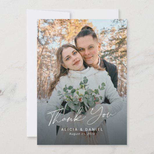 Moderne eenvoudige script foto bruiloft bedankkaart (Voorkant)