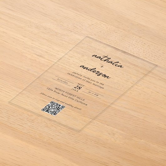 Moderne eenvoudige script QR-code bruiloft Acryl Uitnodigingen (Laagn)