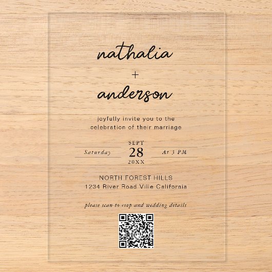 Moderne eenvoudige script QR-code bruiloft Acryl Uitnodigingen (Voorkant)