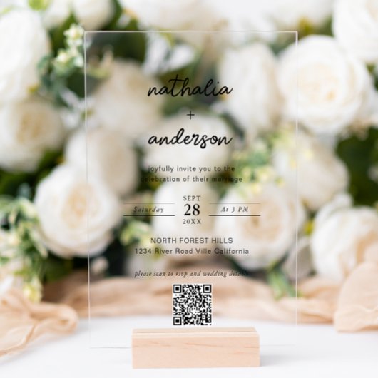 Moderne eenvoudige script QR-code bruiloft Acryl Uitnodigingen